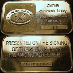 1oz JM london 1985 Financial Agreement Signing